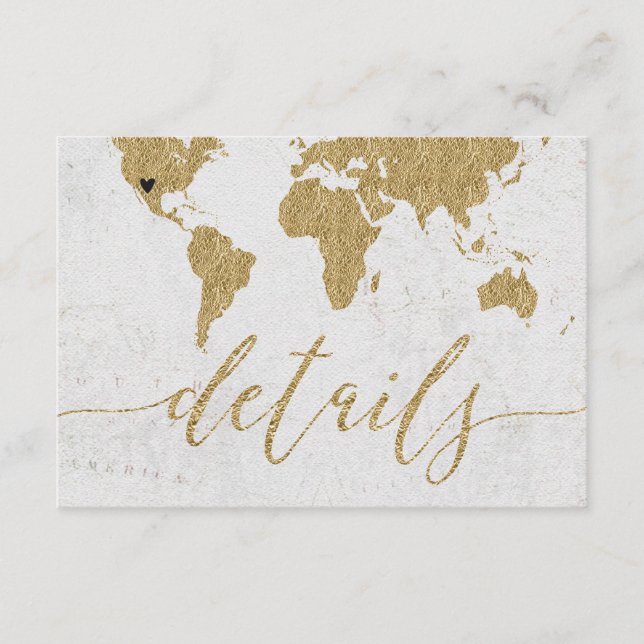 Gold Foil World Map Destination Wedding Details Enclosure Card (Front)