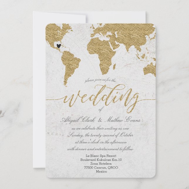 Gold Foil World Map Destination Wedding Invitation (Front)