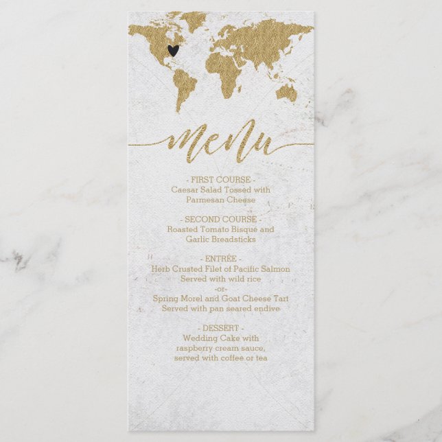 Gold Foil World Map Destination Wedding Menu (Front)