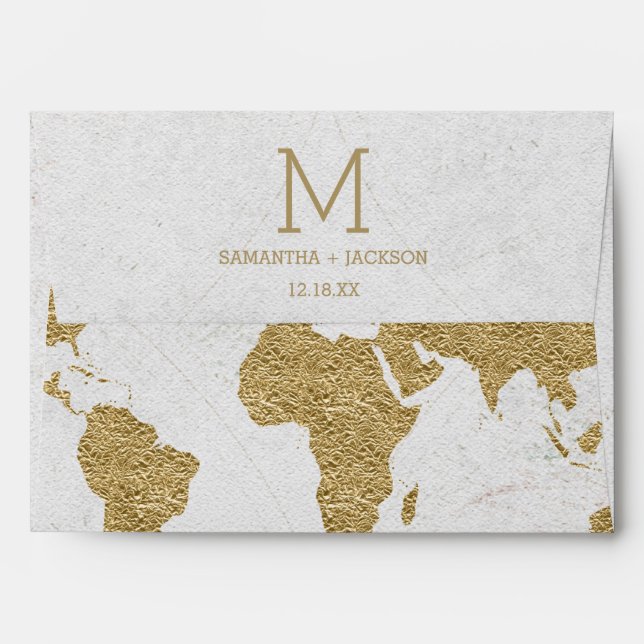 Gold Foil World Map Destination Wedding Monogram Envelopes (Back (Top Flap))