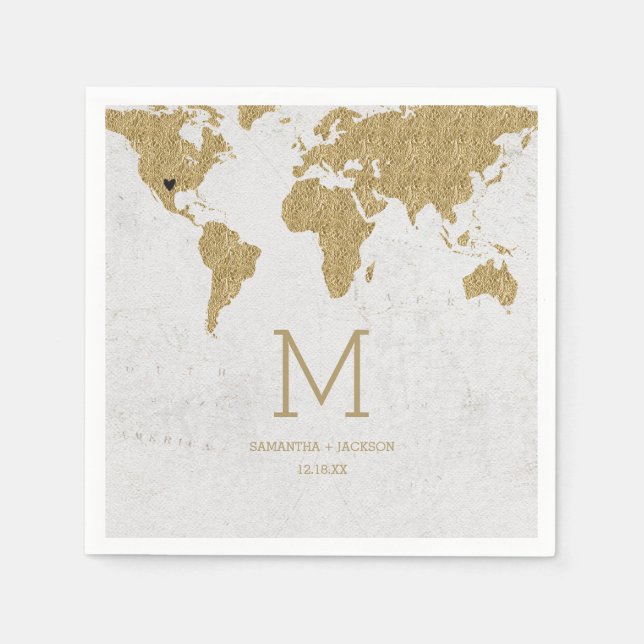 Gold Foil World Map Destination Wedding Monogram Napkin (Front)