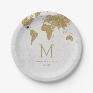 Gold Foil World Map Destination Wedding Monogram Paper Plate