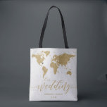 Gold Foil World Map Destination Wedding Monogram Tote Bag<br><div class="desc">Gold Foil World Map Destination Wedding Tote Bags with MOVEABLE HEART LOCATION just click the customise further link to position your heart ~ Check my shop to see the entire wedding suite for this design!</div>
