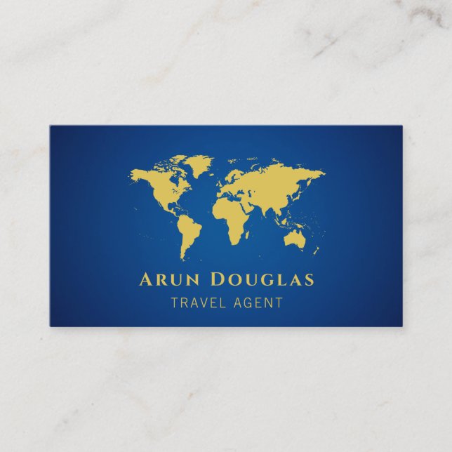 Gold Foil World Map Navy Blue Travel Agent  Business Card (Front)