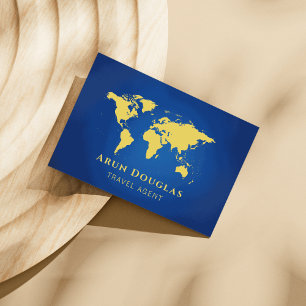 Gold Foil World Map Navy Blue Travel Agent  Business Card