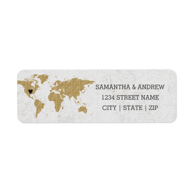 Gold Foil World Map Wedding Return Address Label (Front)
