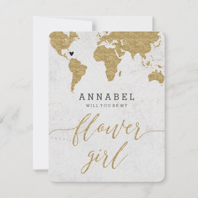 Gold Foil World Map Will You Be My Flower Girl Invitation (Front)