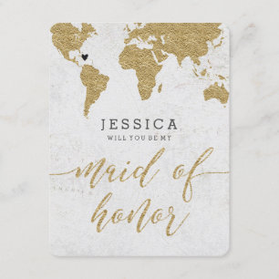 Gold Foil World Map Will You Be My Maid of Honour Invitation