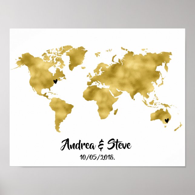 Gold Foil World Map with hearts couples Poster (Front)