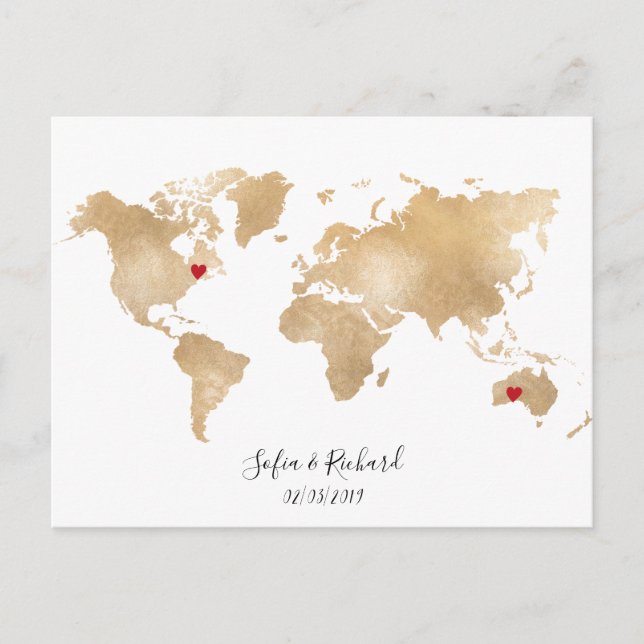 Gold Foil World Map with removable hearts couples Postcard (Front)