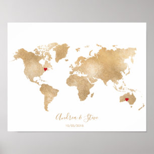 Gold Foil World Map with removable hearts couples Poster