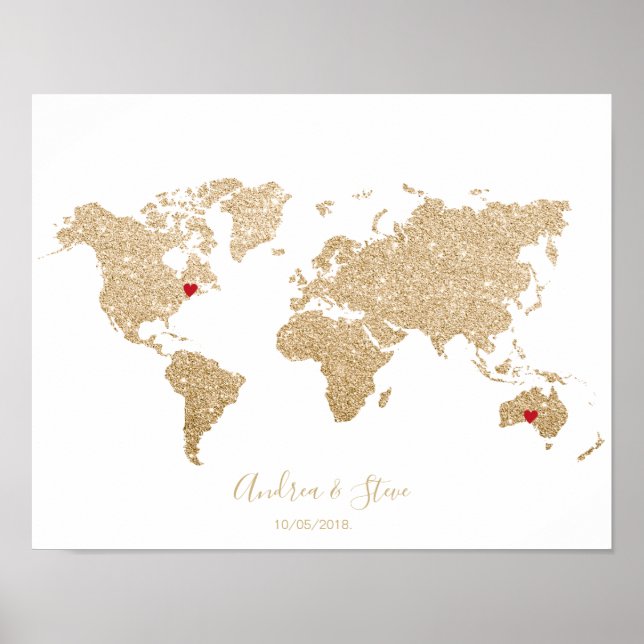 Gold Foil World Map with removable hearts couples Poster (Front)