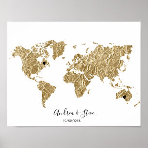 Gold Foil World Map with removable hearts couples Poster