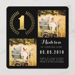 Gold Foil Wreath 1st Birthday Photo Cards
