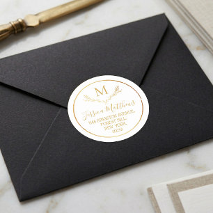 Gold Foil Wreath Custom Monogram Return Address Classic Round Sticker