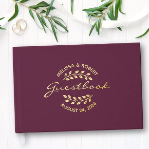 Gold Foil Wreath on Burgundy Wedding Guest Book