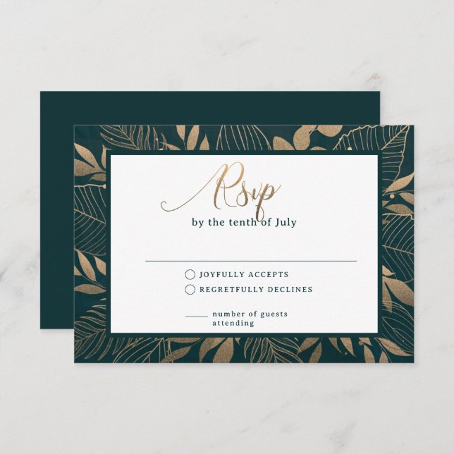 Gold Foliage Border Forest Green RSVP card (Front/Back)