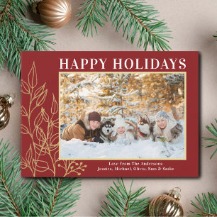 Gold Foliage Burgundy Photo Happy Holiday Card