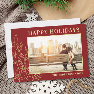 Gold Foliage Burgundy Photo Happy Holidays Holiday Card