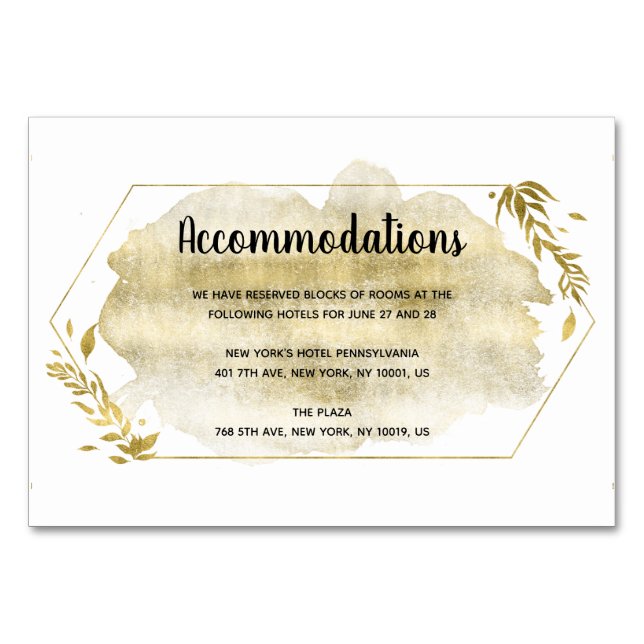 Gold Foliage Effect Wedding Accommodation Cards (Front)