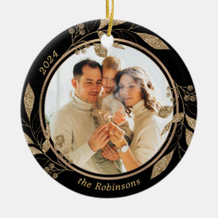Gold Foliage Family Photo Black Christmas  Ceramic Ornament