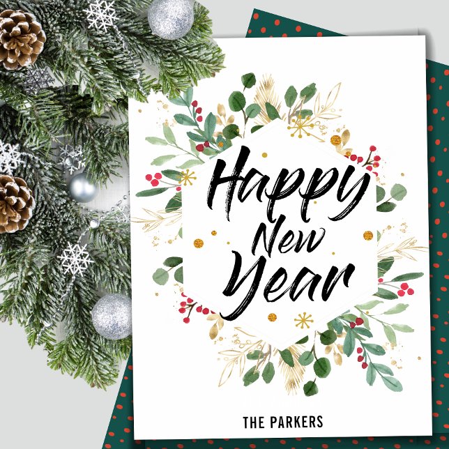 Gold Foliage Floral | Red Berry New Year Holiday Card (Creator Uploaded)
