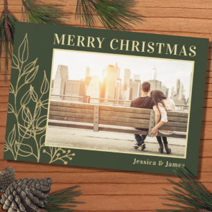 Gold Foliage Green Photo Merry Christmas  Holiday Card