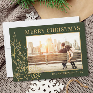 Gold Foliage Green Photo Merry Christmas Holiday Card
