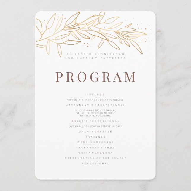 Gold Foliage Modern + Minimalist Wedding Program (Front)