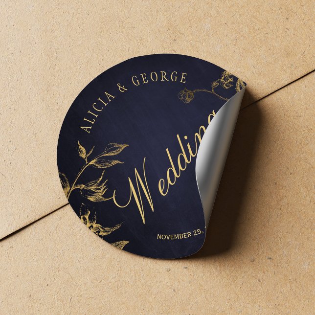 Gold foliage navy blue chic calligraphy wedding classic round sticker (Creator Uploaded)