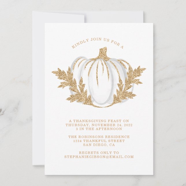 Gold Foliage Pumpkin Thanksgiving Dinner Invitation (Front)