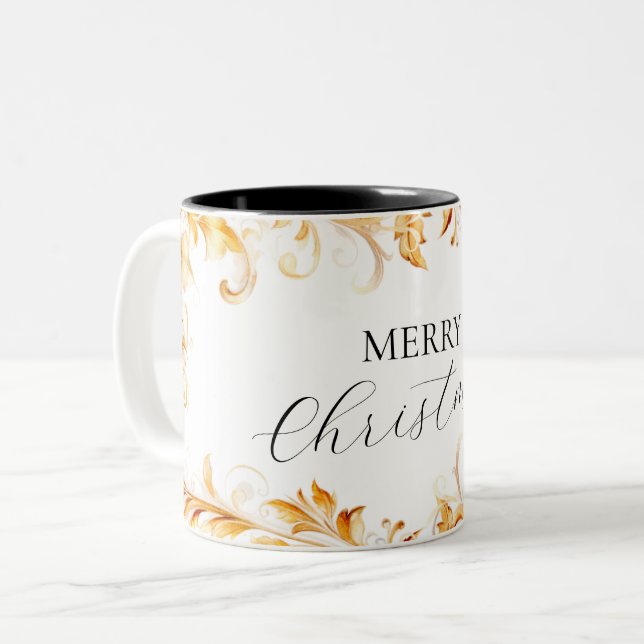 Gold Foliage Simple Christmas Two-Tone Coffee Mug (Front Left)