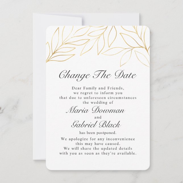 Gold Foliage Wedding Postponement Change Save The  Save The Date (Front)
