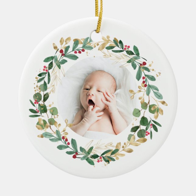 Gold Foliage Wreath | Baby First Christmas Modern Ceramic Ornament (Front)
