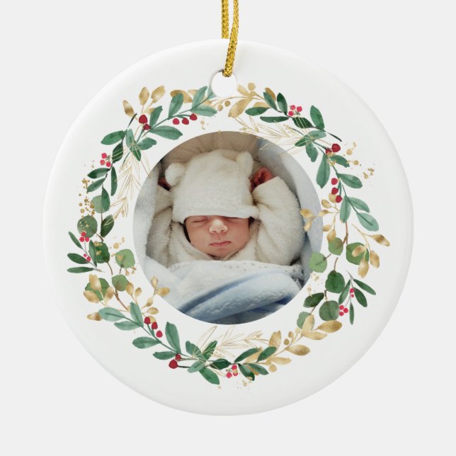 Gold Foliage Wreath | Baby First Christmas Pink Ceramic Ornament (Front)