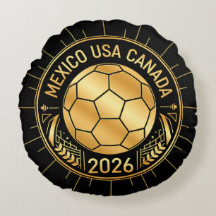 Gold Football Emblem 2026   Mexico USA Canada Round Cushion