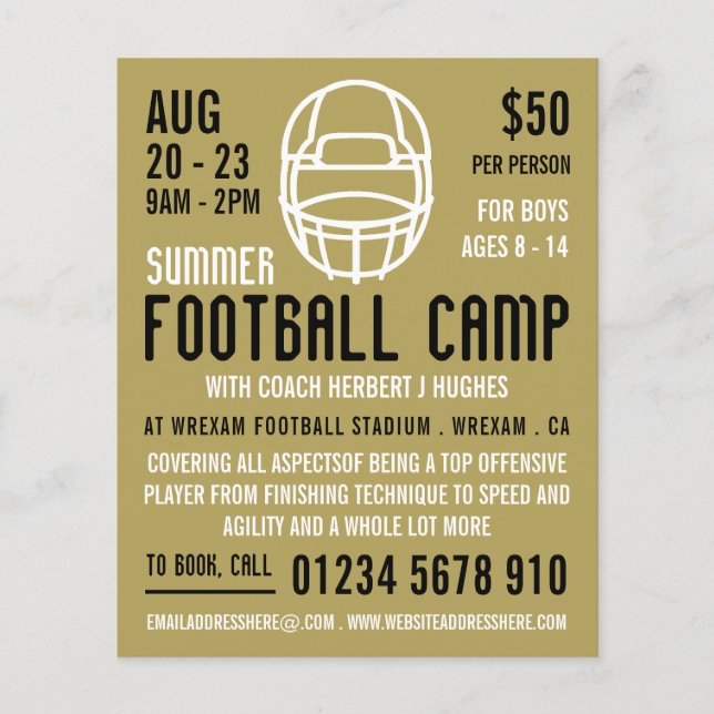 Gold Football Helmet, Football Camp Advertising Flyer (Front)