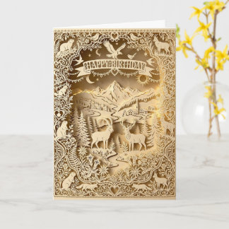 Gold Forest Stag Embossed Happy Birthday Card