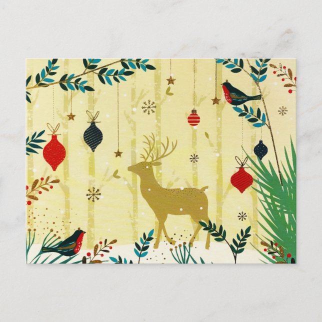 Gold Forest Winter Reindeer Birds Holiday Postcard (Front)
