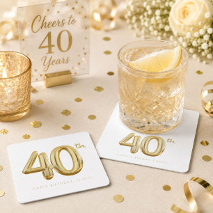 Gold Forty 40th Birthday Balloon Party Square Paper Coaster