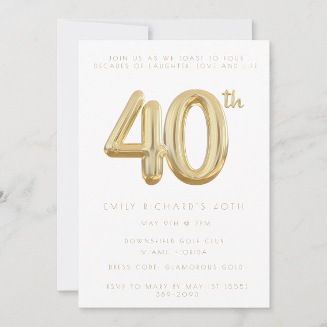 Gold Forty 40th Birthday Party Balloon Invitation (Front)