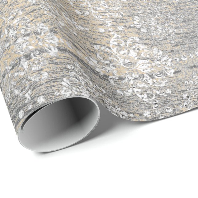 Gold Foxier Damask Silver Grey Wood Shabby Rustic Wrapping Paper (Roll Corner)