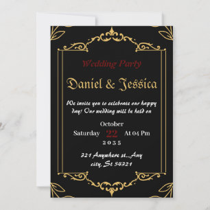 gold frame a black  Vintage Wedding  Party Invitation