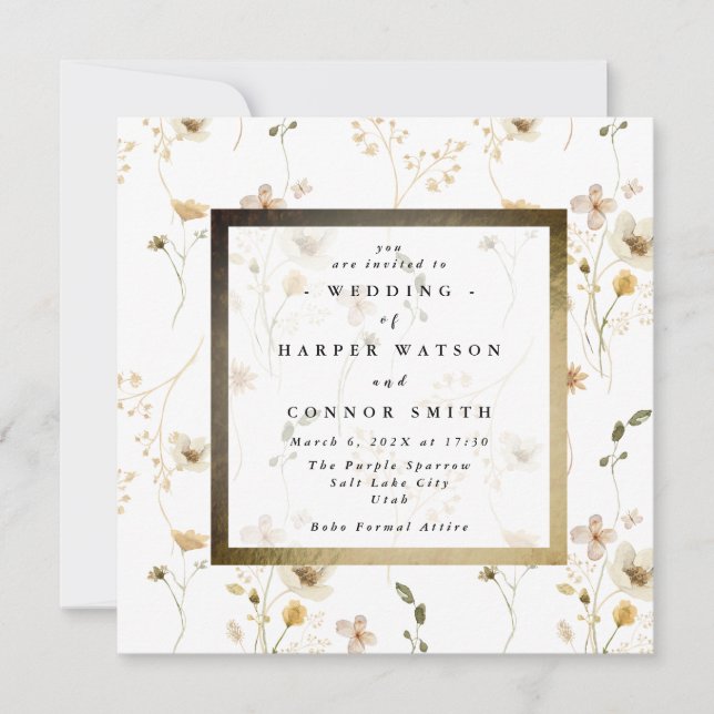Gold Frame Abundance Dried Wildflower Pampas Invitation (Front)