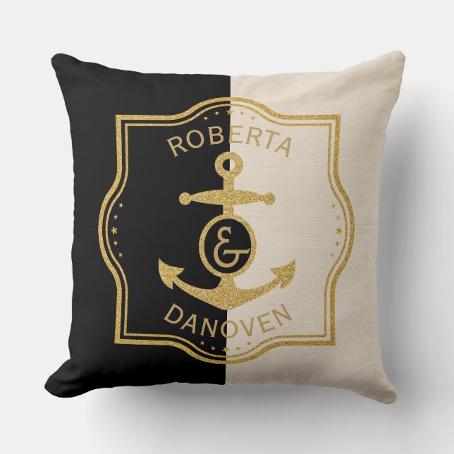 Gold Frame & Anchor On Black & Beige background Cushion (Front)