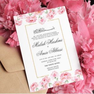 Gold Frame and Pink Floral Islamic Muslim Wedding Invitation