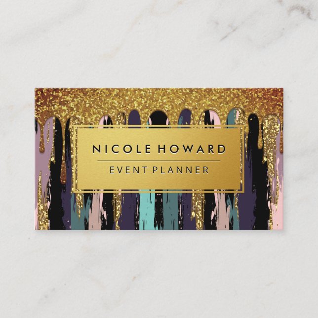 Gold Frame Artistic Pattern | Gold Glitter Drip Business Card (Front)