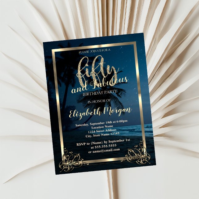 Gold Frame Beach Sunset 50th Birthday Party  Invitation (Creator Uploaded)