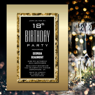 Gold Frame Black 18th Birthday Party Invitation