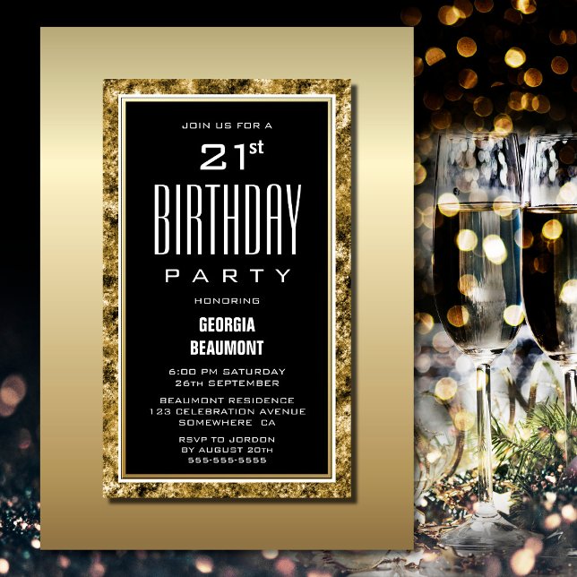 Gold Frame Black 21st Birthday Party Invitation (Creator Uploaded)